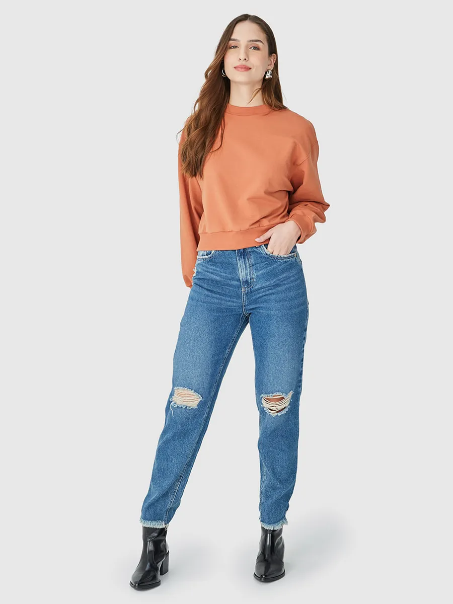 Malwee, Calça Mom Feminina Barra Desfiada Em Jeans 100% Algodão