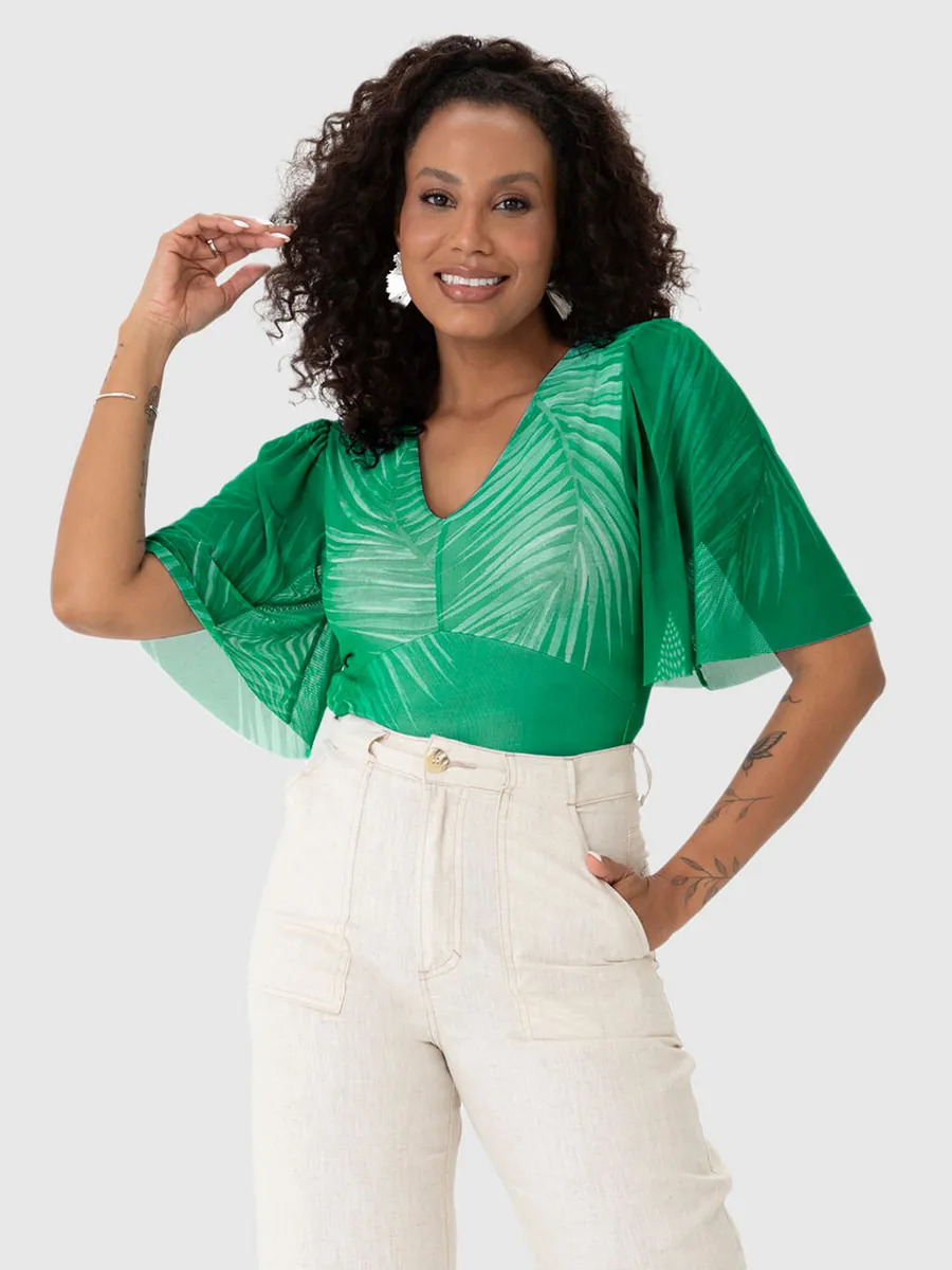 Malwee, Blusa Cropped Feminina Estampada Decote V Em Tule Stretch