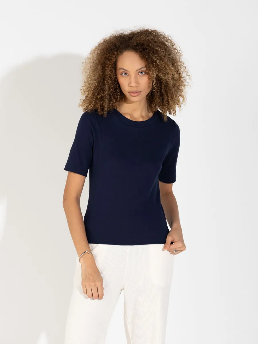 Basico.Com, Blusa Algodão Canelado Manga Curta Feminina
