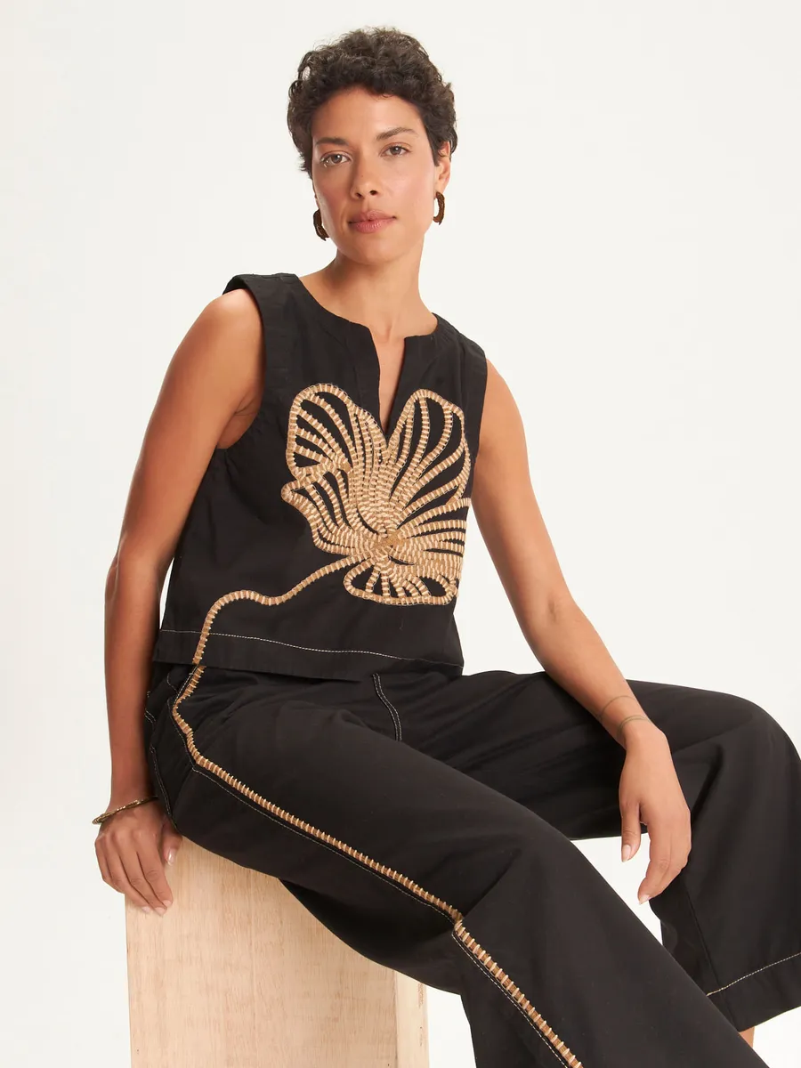 Cantão, Blusa sarja bordado botânica ancestral preto