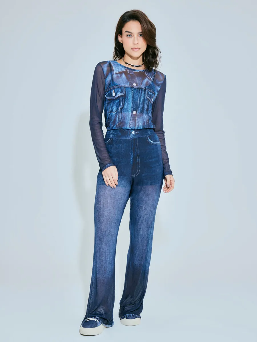 Zinzane, Calça Flare Tule Localizado - Denim Medio