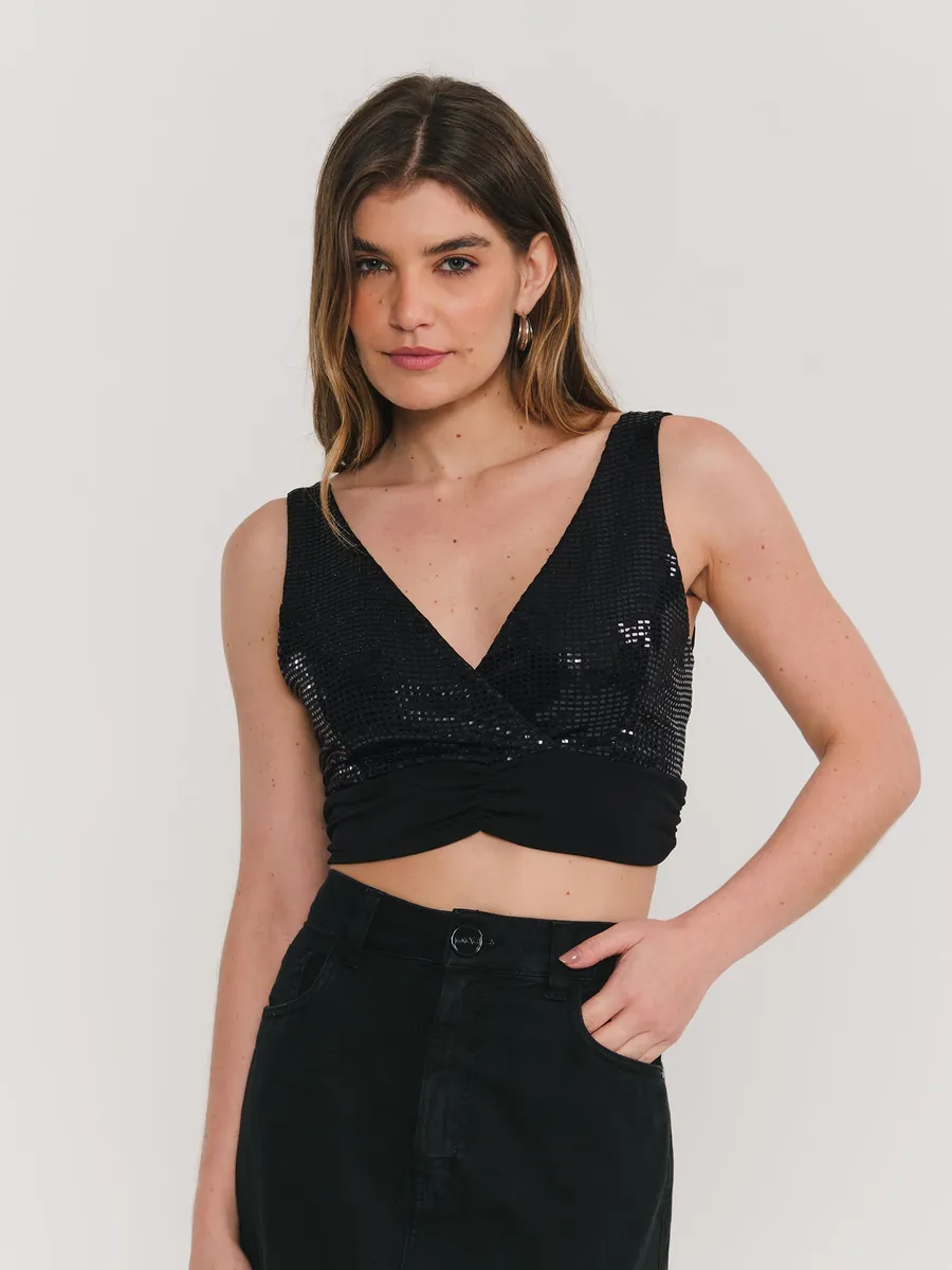 Zinzane, Blusa Cropped Brilhosa Amarrações Cóstas - Preto
