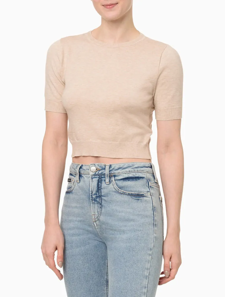 Calvin Klein Jeans, Camiseta Feminina Cropped Tricot Calvin Klein Jeans - Areia