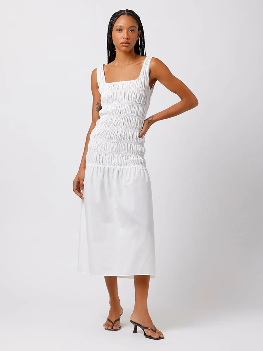 C&A, vestido midi feminino franzidos decote quadrado mindset off white