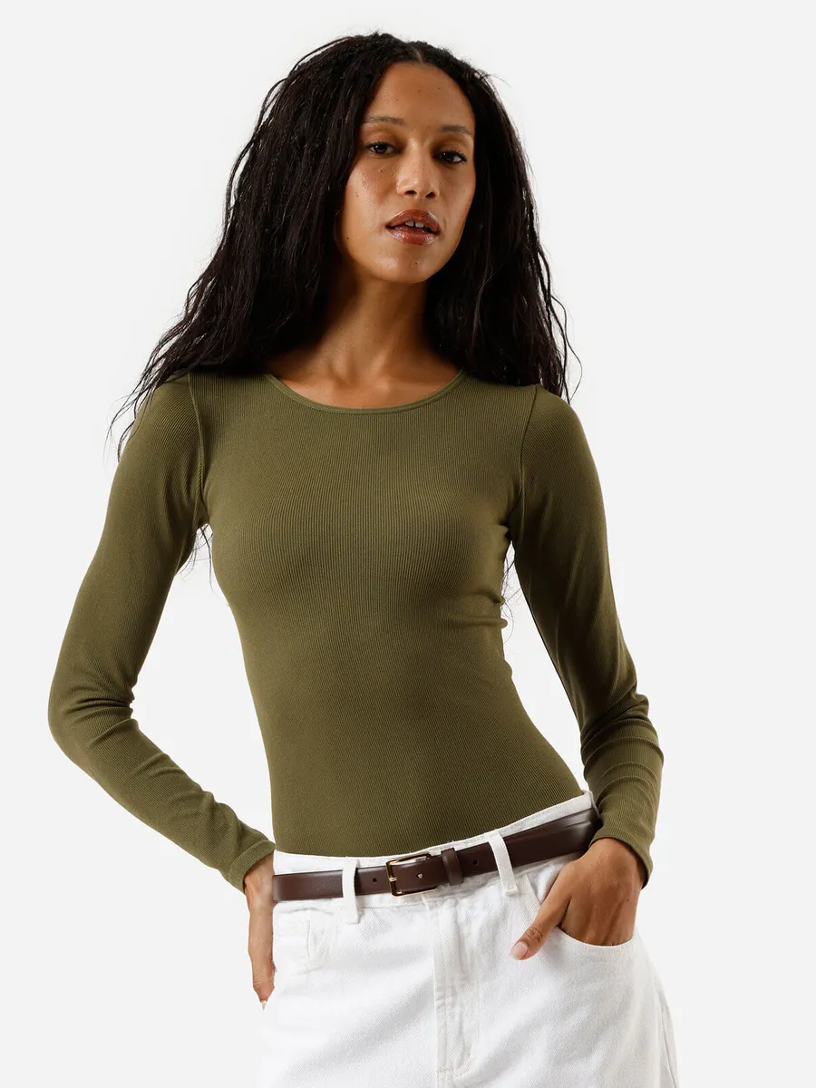 C&A, body feminino de poliamida manga longa canelado verde