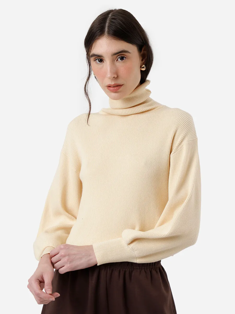 C&A, suéter cropped feminino de tricot manga bufante canelado bege