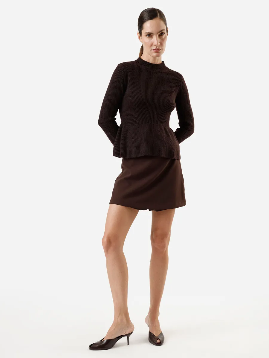 C&A, suéter peplum feminino de tricot canelado marrom