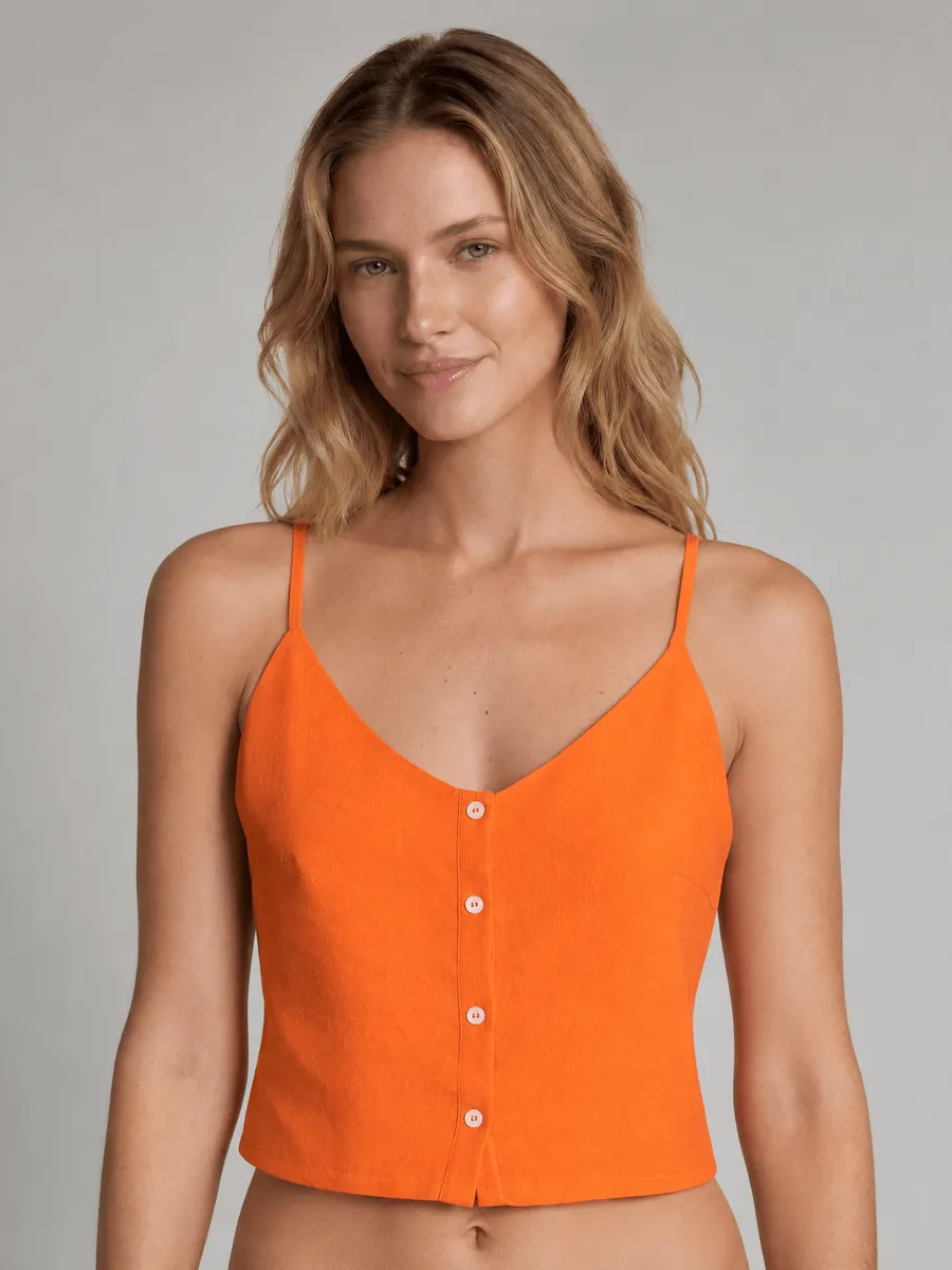 Hope Resort, Blusa Cropped Alças Finas Com Botões Laranja Magma