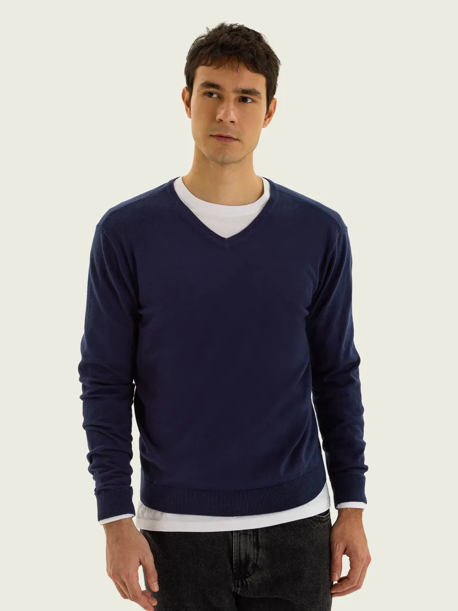 Hering Adulto, Blusão Masculino Gola V em Tricô - Azul