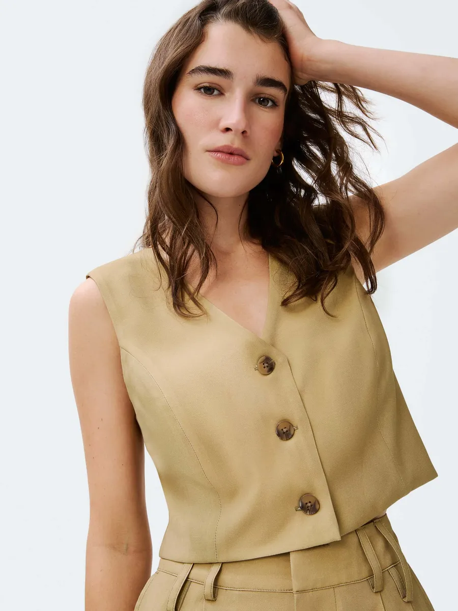 Hering Adulto, Colete Feminino Cropped Em Viscose - Caqui