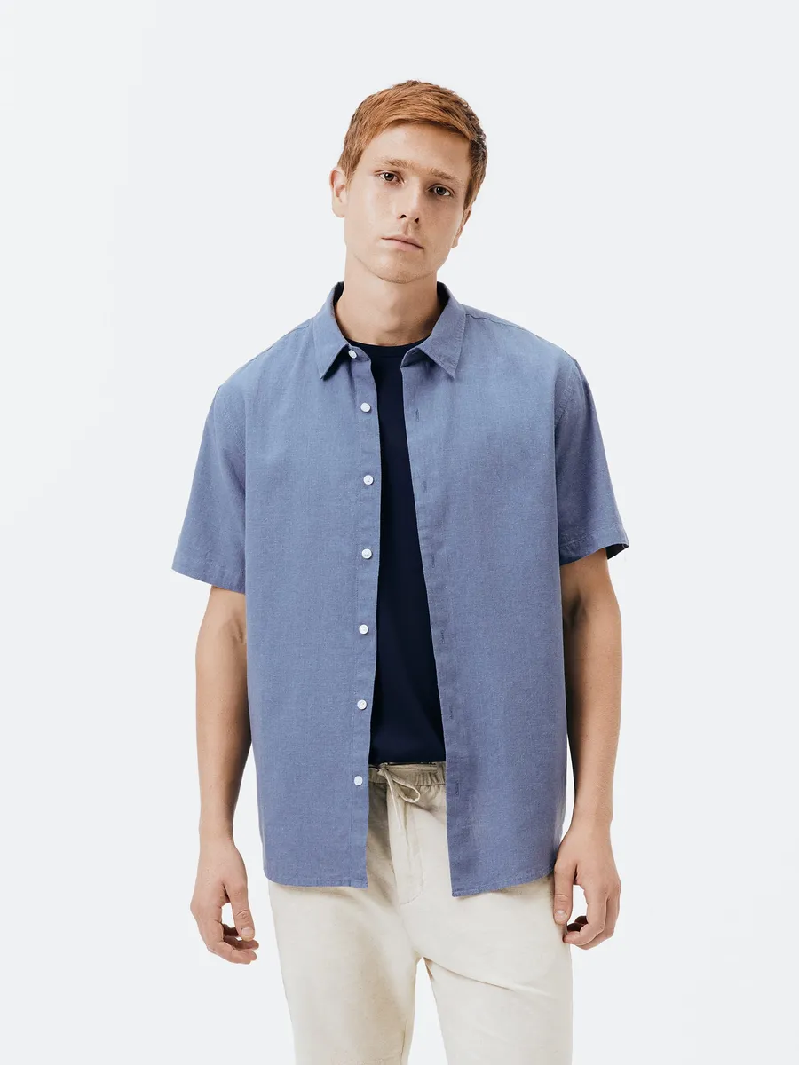 Hering Adulto, Camisa Masculina Manga Curta Slim Com Linho - Azul