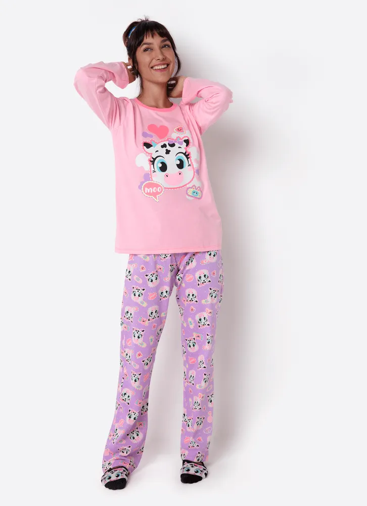 Puket, Pijama Manga Longa Feminino Vaca Patches