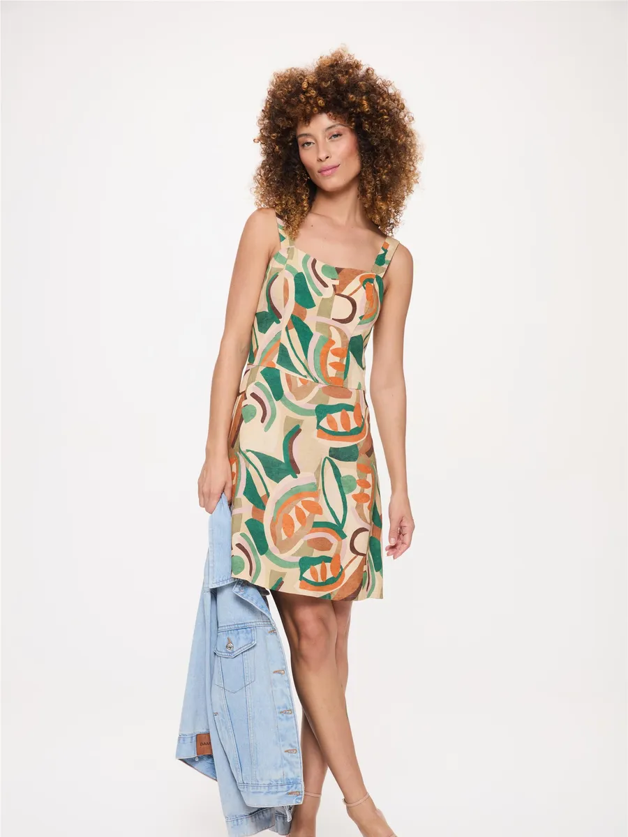 Damyller, Vestido Médio Estampa Orgânico Linho