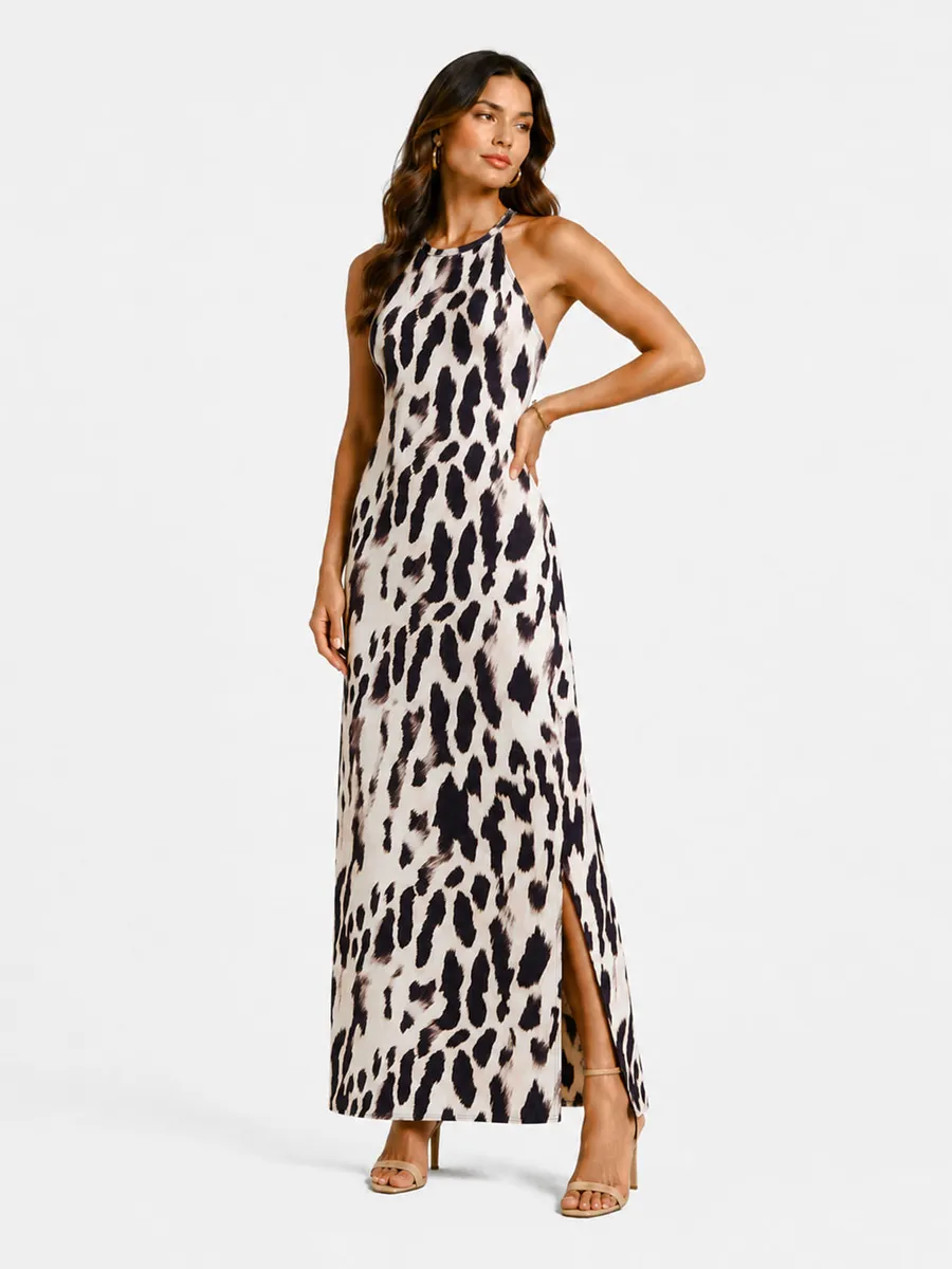 Rovitex, Vestido Longo Estampado Sem Manga Infinita Cor Bege