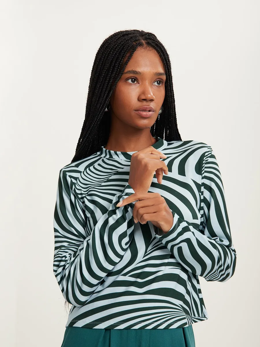 Lez A Lez, Blusa Curta Estampada De Malha Com Mangas Longas