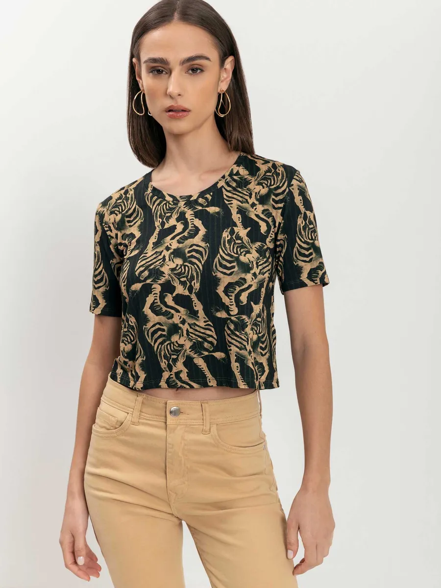 Lez A Lez, Blusa Curta Estampada Em Malha De Viscose Responsável