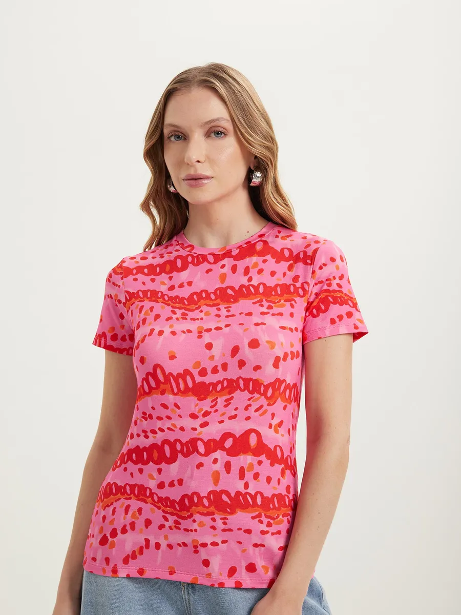 Lez A Lez, Blusa De Mangas Curtas Estampada Em Malha Com Elastano